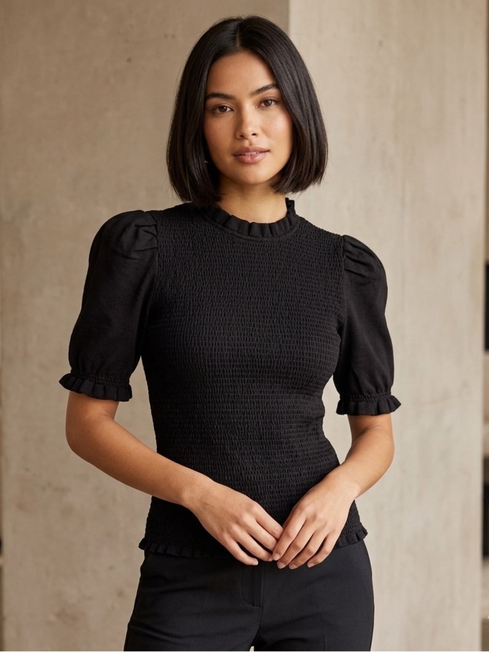 Catherine Malandrino Black Smocked Puff-Sleeve Top